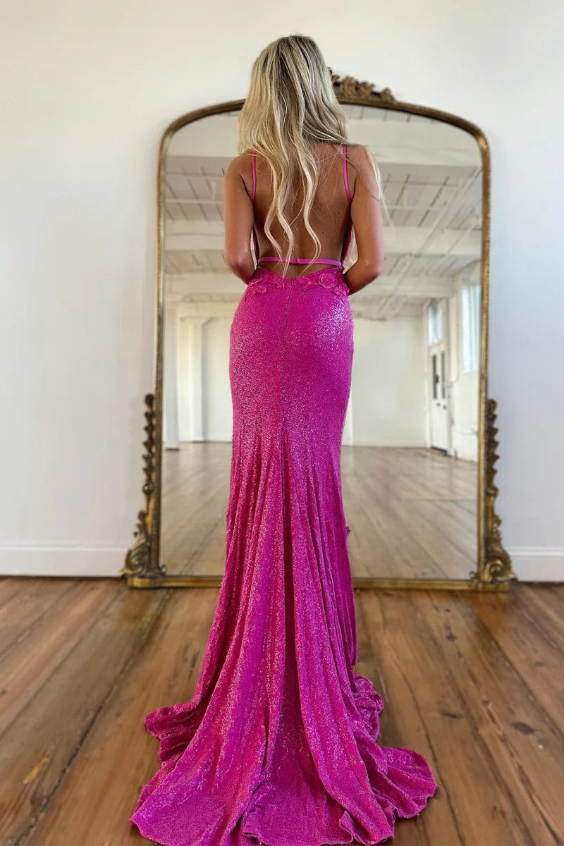 Mermaid Sparkly V Neck Sequins Long Prom Dress with Slit